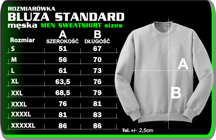 BLUZA STANDARD MESKA - rozmiarowka